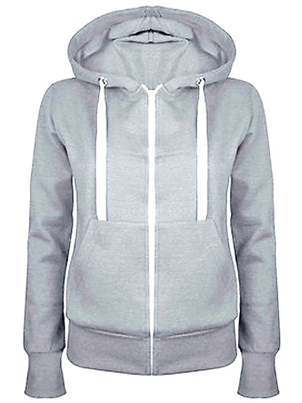 Classic women's zipper hoodie with hood and pockets, light gray, polyester-cotton blend, drawstring closure, perfect for chilly days.