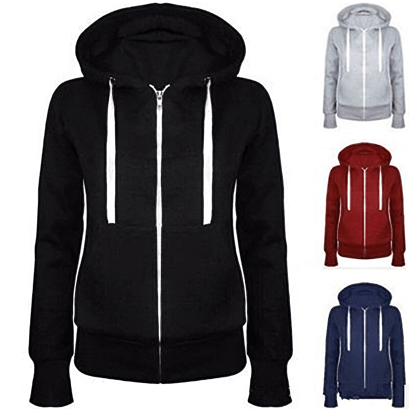 Classic zipper hoodie for women in black, grey, red, and blue colors, featuring a hood and pockets. Perfect hooded outerwear for cool days.