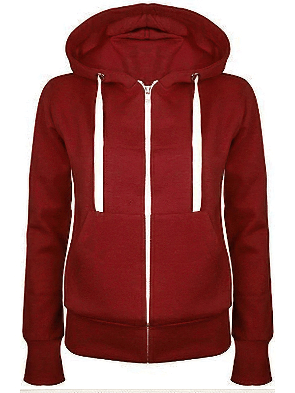 Women's classic red zipper hoodie with pockets and drawstring for cozy warmth.