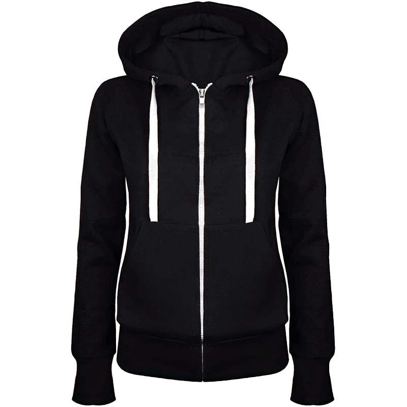 Classic zipper hoodie for women, black color, with hood and pockets, SF0046. Perfect hooded outerwear for comfort and warmth.