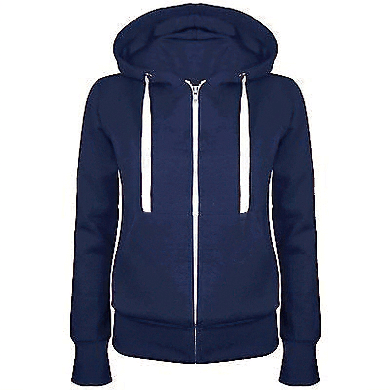 Classic zipper hoodie for women in navy blue, featuring drawstring hood, pockets, and full sleeves. Stylish and comfy outerwear. Model SF0046.
