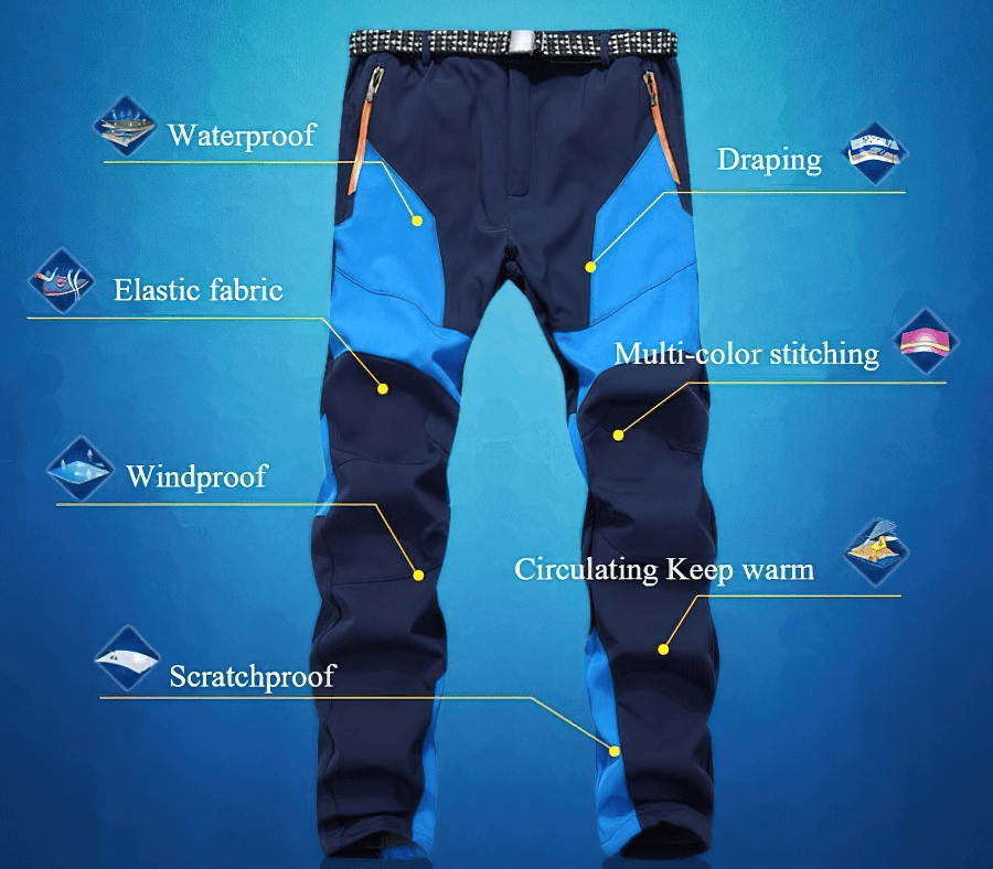 Cold Resistance Waterproof Fleece Pants showcasing waterproof, windproof, and thermal features with multi-color details and zipper fly.