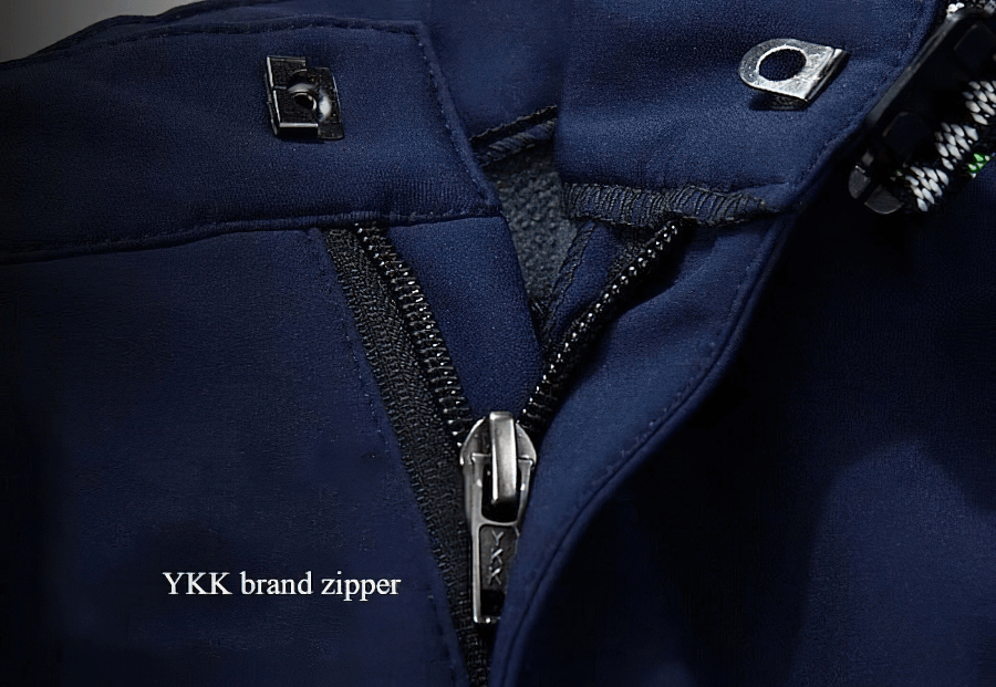 Close-up of YKK brand zipper on Cold Resistance Waterproof Fleece Pants, showcasing quality and durability for outdoor adventures.