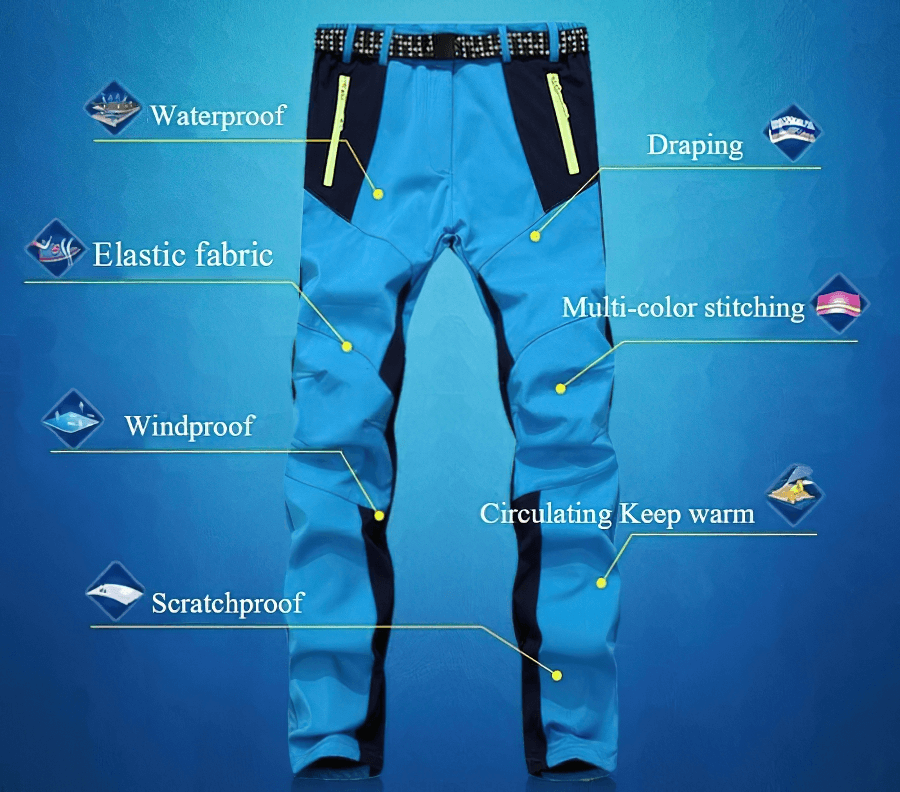 Blue waterproof skiing outdoor pants with elastic fabric, scratchproof, windproof features, and multi-color stitching details.