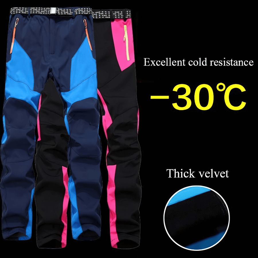 Cold resistance waterproof fleece skiing pants for extreme conditions, featuring thermal technology and thick velvet against -30°C temperatures.