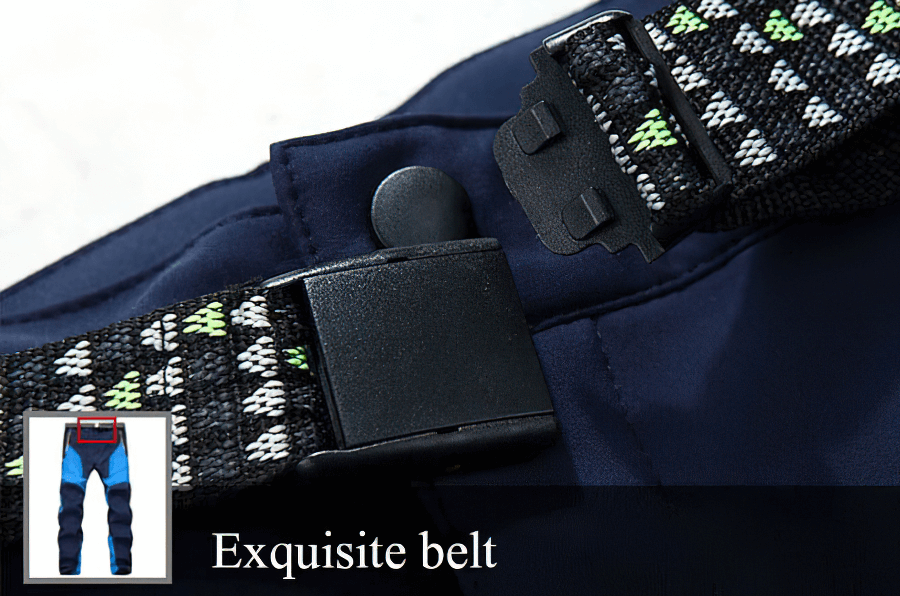 Close-up of the belt on waterproof fleece pants, showcasing durable buckle and strap for outdoor activities like skiing.
