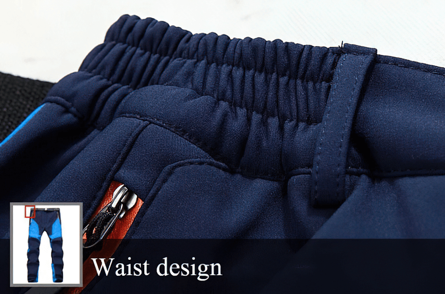 Close-up of Cold Resistance Waterproof Fleece Pants' adjustable waistband and zipper, showcasing durable design for outdoor activities.