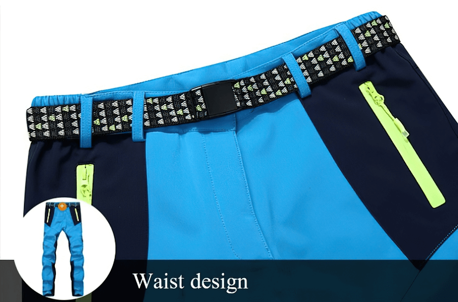 Close-up of waterproof fleece pants waist design, featuring black patterned belt and zippered pockets, perfect for outdoor activities.