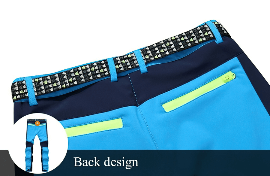 Back design of Cold Resistance Waterproof Fleece Pants with stylish belt and bright zipper accents, perfect for skiing and outdoor adventures.
