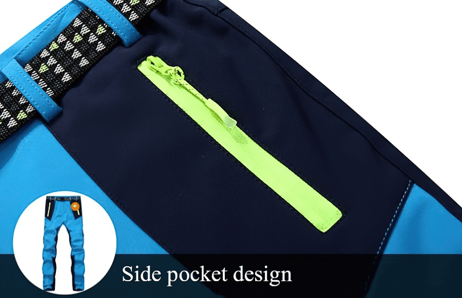 Close-up of waterproof fleece pants with neon zipper side pocket design, ideal for skiing and outdoor activities.