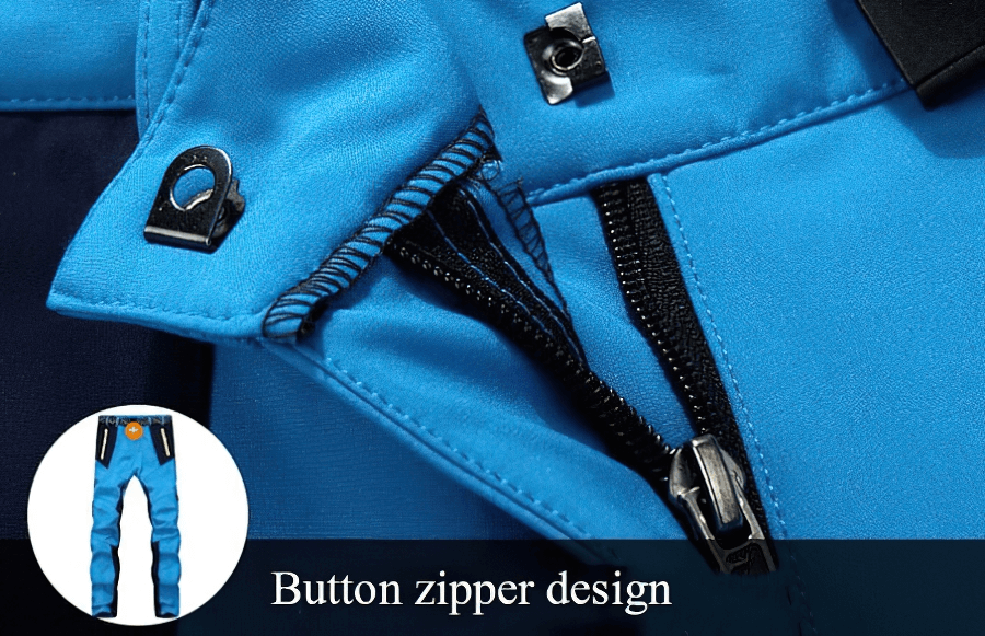 Close-up of blue waterproof fleece pants with button zipper design, showcasing durable construction for outdoor activities.