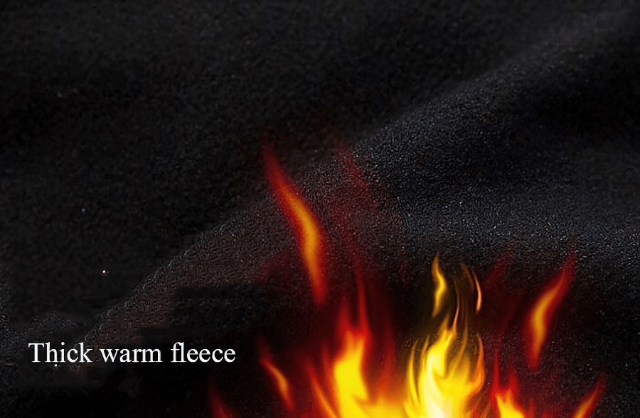Warm fleece fabric with flame graphic, highlighting insulation in cold weather.