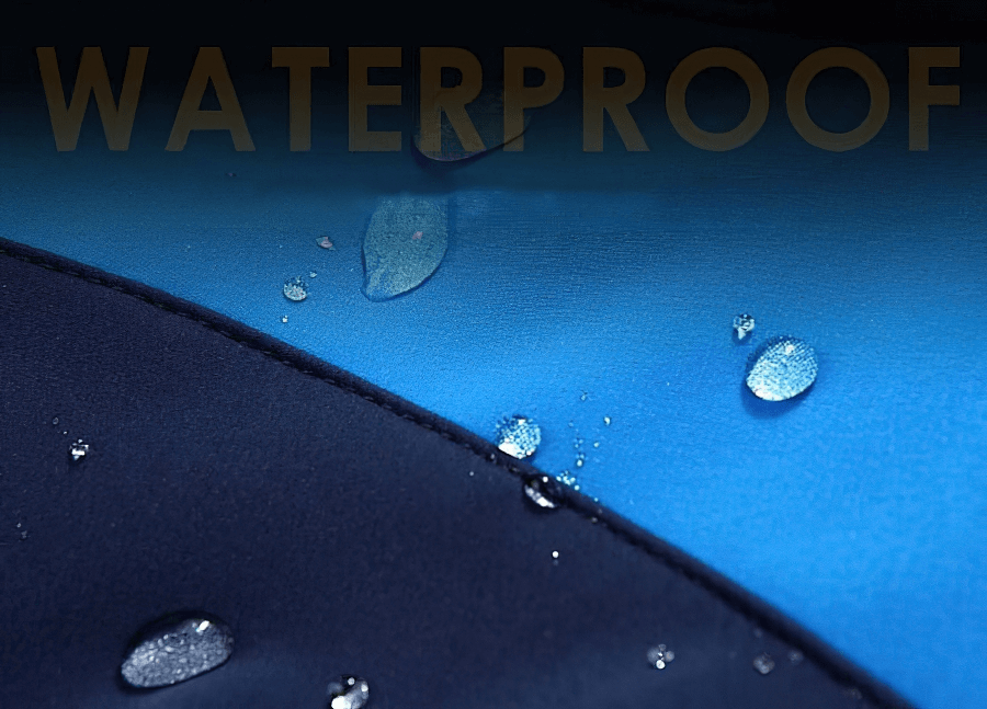 Close-up of waterproof fleece pants fabric with water droplets, showcasing advanced water resistance for outdoor activities.