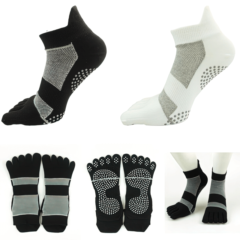 Compression breathable non-slip socks with split toes, showing black and white designs with tear-resistant cotton and seamless texture.