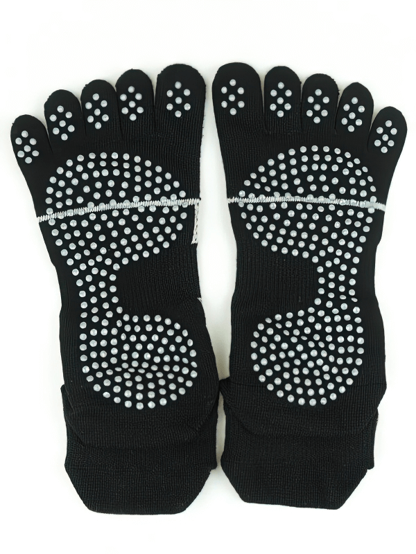 Black compression split-toe socks with non-slip grips for breathability and comfort.