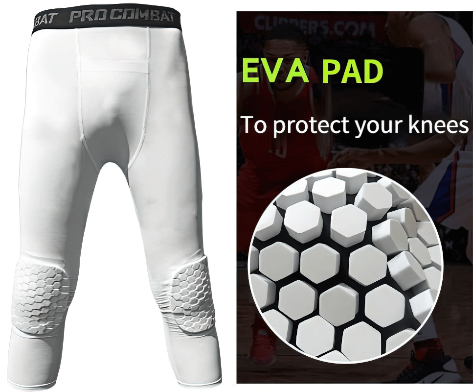 Compression men's basketball capri leggings with knee pads, white color, featuring EVA pad protection for ultimate performance.