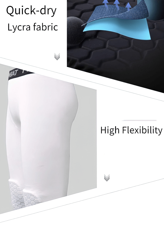 Compression men's basketball leggings with knee pads, quick-dry Lycra fabric showcasing high flexibility in white solid pattern.