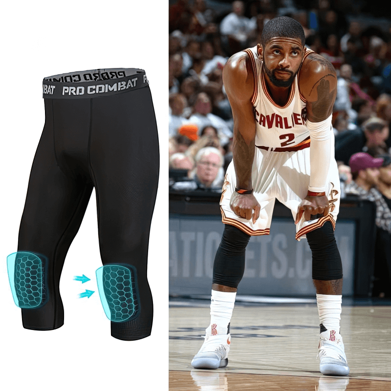 Compression Men's Basketball Capri Leggings with Knee Pads displayed alongside a basketball player in uniform on the court.