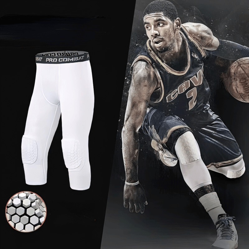 Compression Men's Basketball Capri Leggings with knee pads, ideal for athletic performance, breathable polyester-spandex blend.