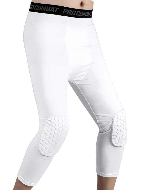 White compression basketball capri leggings with knee pads for men, made of polyester and spandex, solid pattern, SF0949.