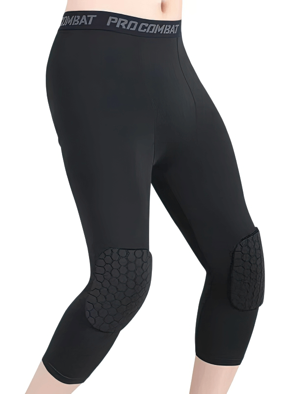 Compression Men's Basketball Capri Leggings with Knee Pads - SF0949, black with hexagonal pad design, for enhanced sports performance.