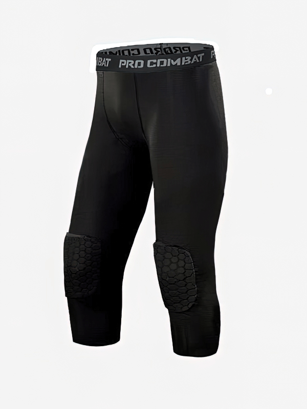 Black compression men's basketball capri leggings with knee pads for performance and protection, SF0949.