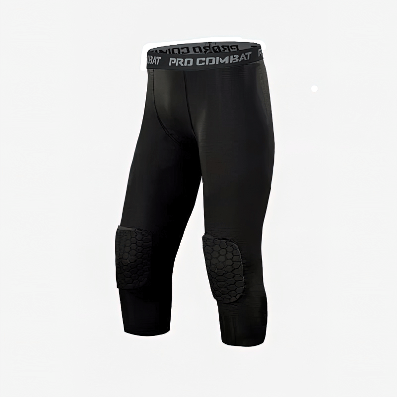 Compression men's basketball capri leggings with knee pads SF0949 in black, ideal for athletic performance and protection.
