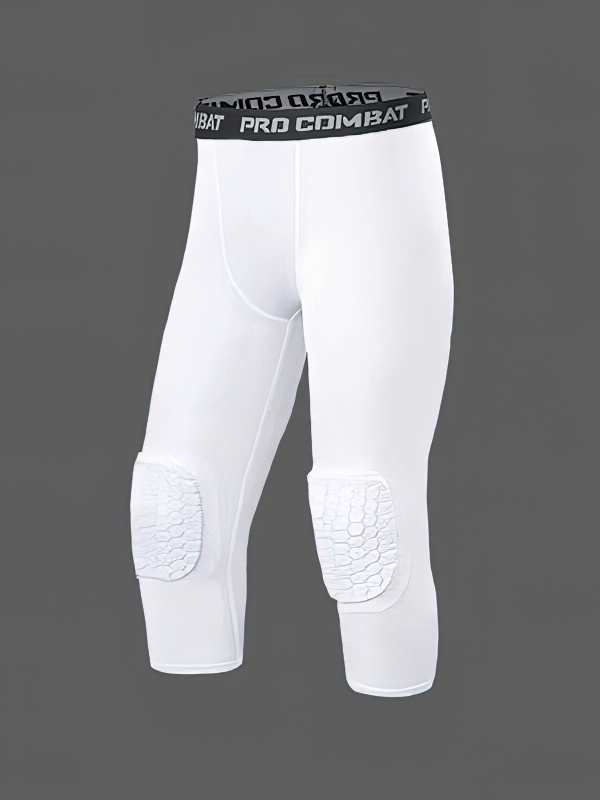 White compression men's basketball capri leggings with knee pads for ultimate performance and protection, SF0949.