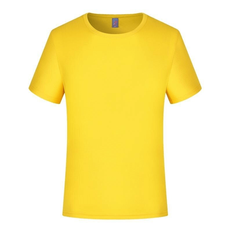 Yellow compression men's running t-shirt showcasing muscle fit design, lightweight polyester material, perfect for active training.