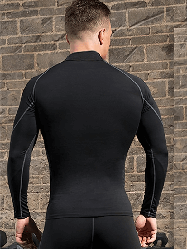 Black compression quick dry men's long sleeves running t-shirt showcasing elastic fit and breathable polyester fabric.