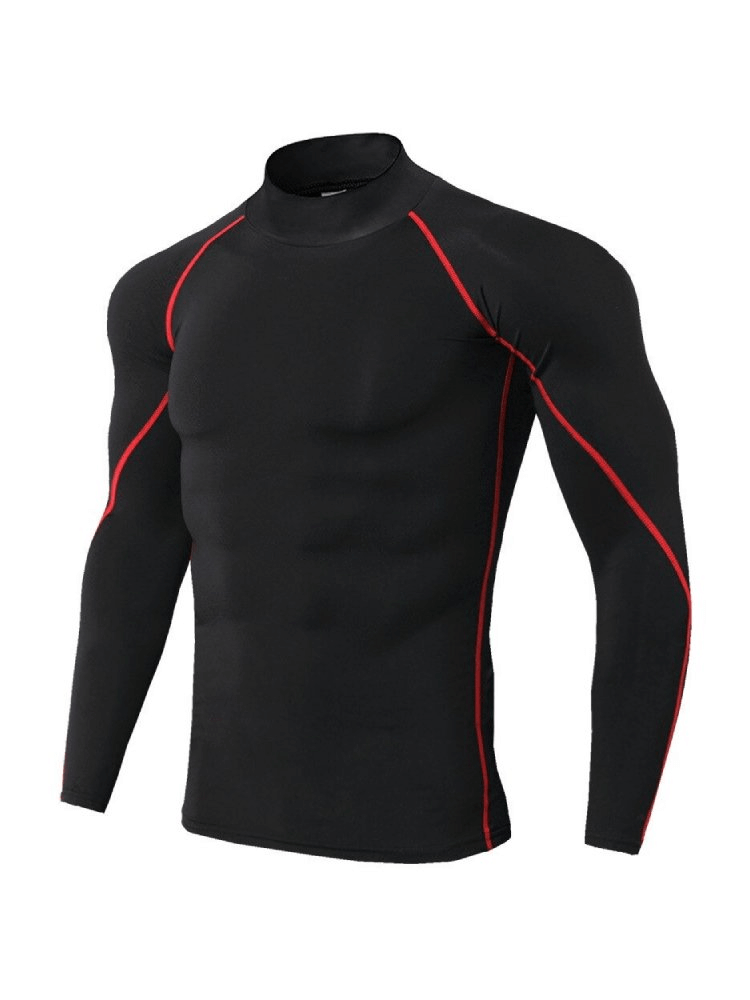 Black compression quick dry men's long sleeves t-shirt for running with red seams, made of breathable polyester for comfort and performance.