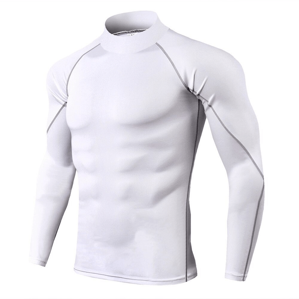 Men's white compression quick dry long sleeve t-shirt for running, featuring breathable polyester and snug fit for maximum performance.