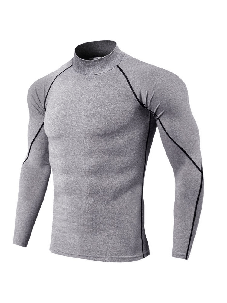 Gray compression quick-dry men's long sleeve running t-shirt, breathable polyester, features snug fit with elastic fabric, model SF0672.