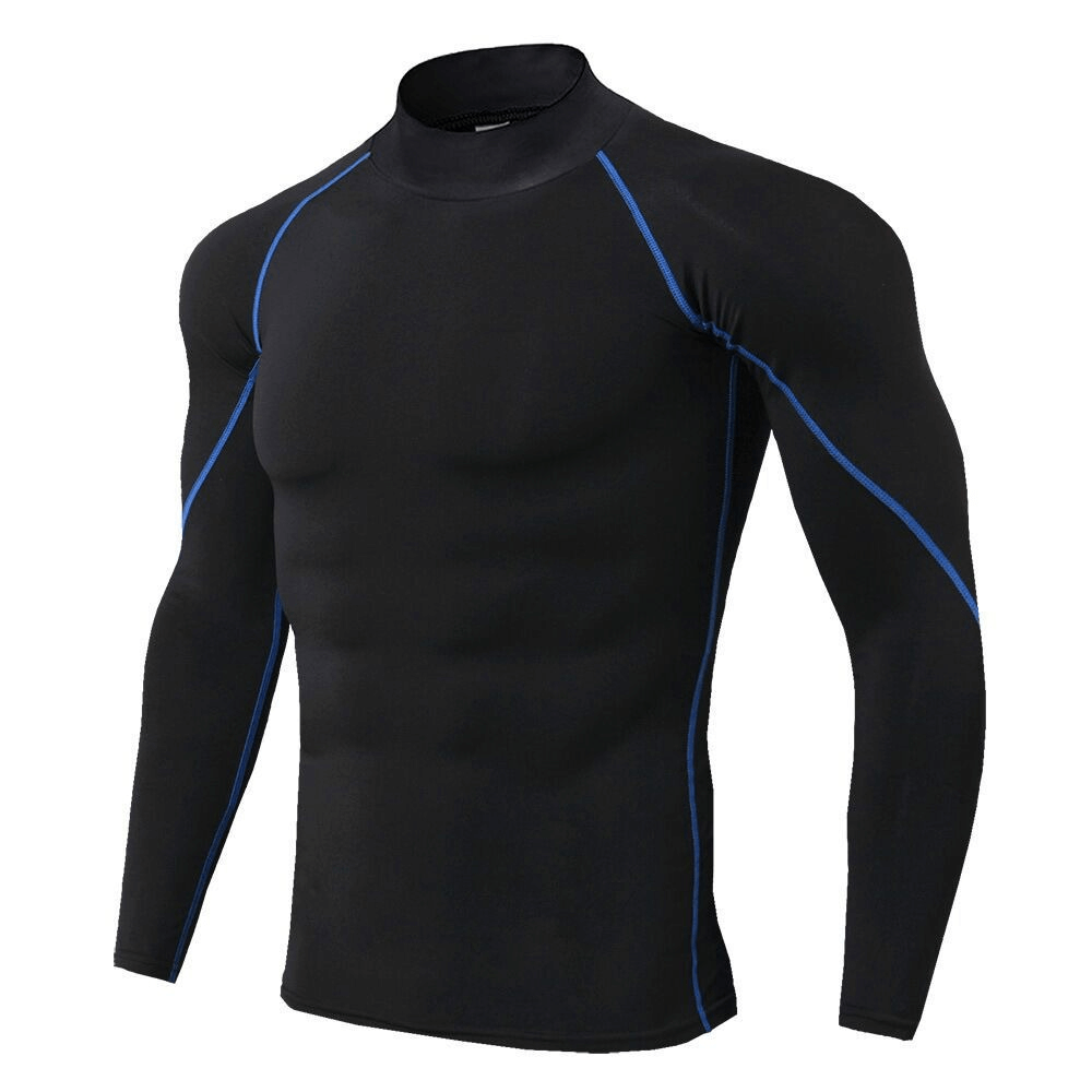 Black compression quick dry men's long sleeves running t-shirt, breathable polyester, snug fit, blue accents - SF0672