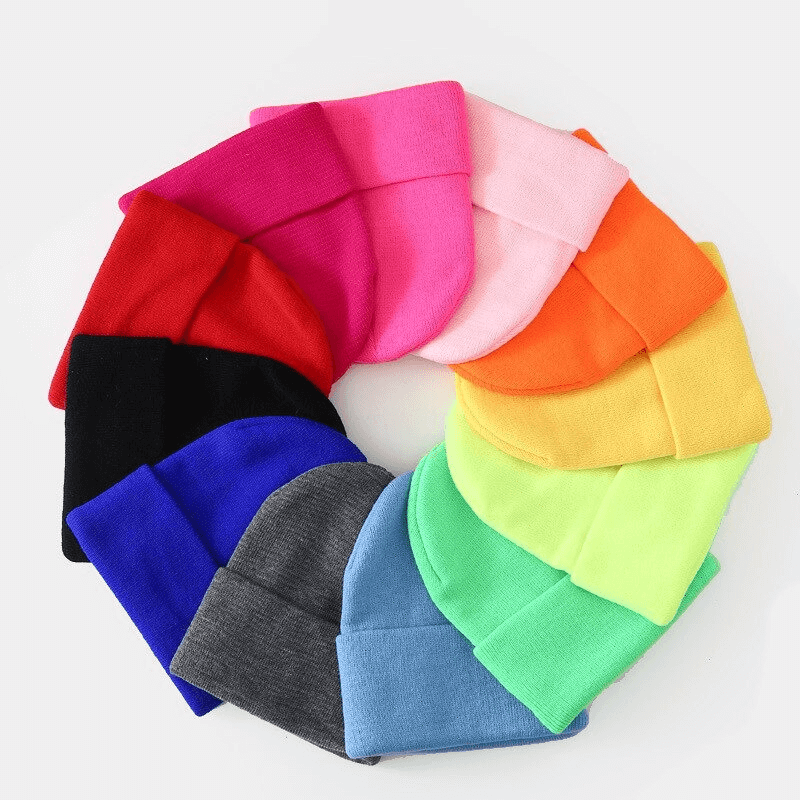 Colorful Cool Knitted Plain Hats for Men and Women in a circle, showcasing vibrant unisex casual style and snug Acrylic warmth.
