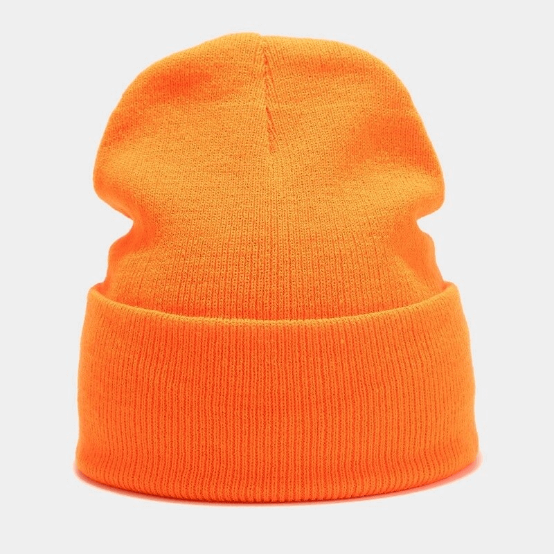 Bright orange knitted hat for men and women, acrylic material, casual style, unisex design, warm and stylish