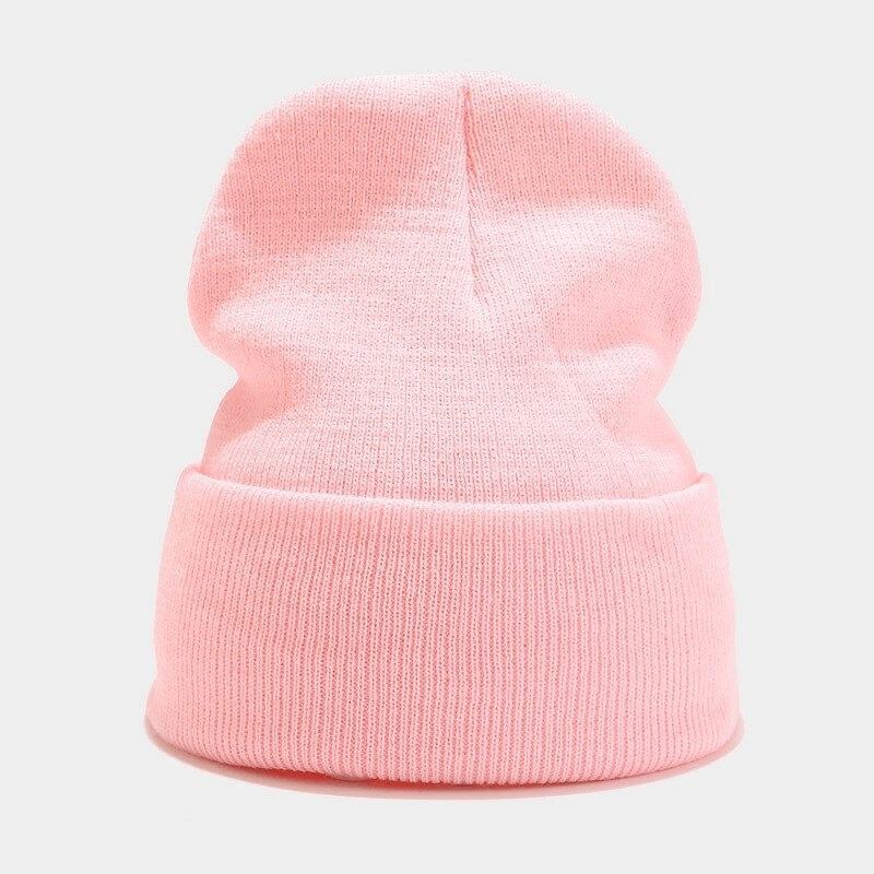 Stylish unisex pink knitted hat SF0400, acrylic material, casual design, warm and versatile for men and women, perfect for all seasons.