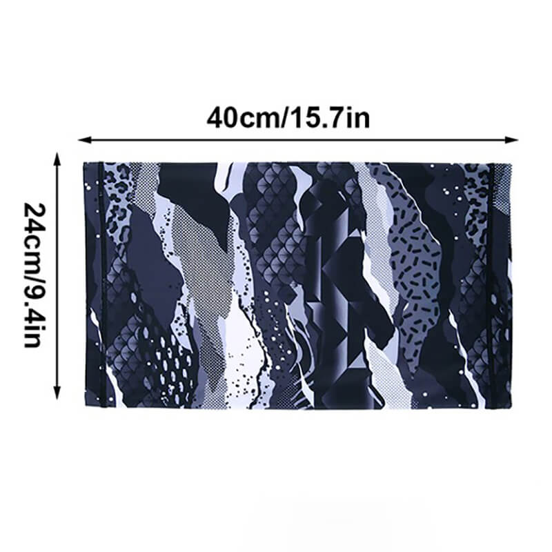 Stylish printed neck gaiter with measurements, 40cm by 24cm, perfect for outdoor activities and sun protection.