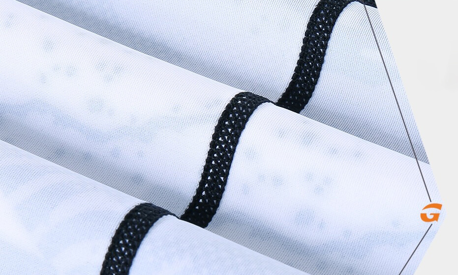 Close-up of Cool Sports Printed Neck Gaiter showcasing breathable UPF50+ fabric and elastic black trim detail for outdoor activities.