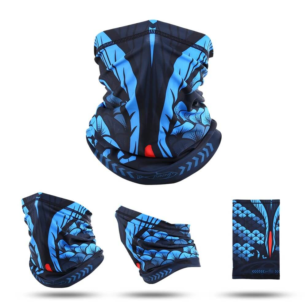 Blue printed neck gaiter featuring a sports design, offering UPF50+ sun protection. Ideal for outdoor activities and unisex use.