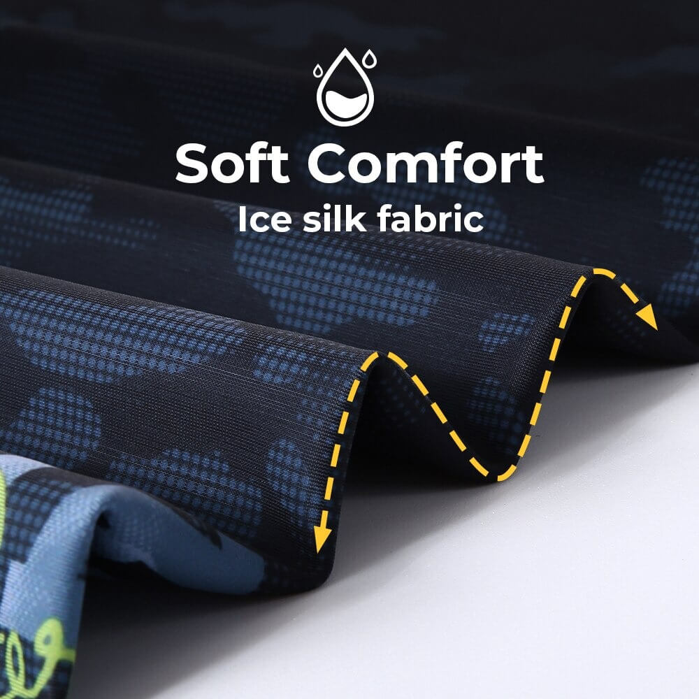 Close-up of Cool Sports Printed Neck Gaiter's ice silk fabric with soft comfort label, highlighting lightweight material.