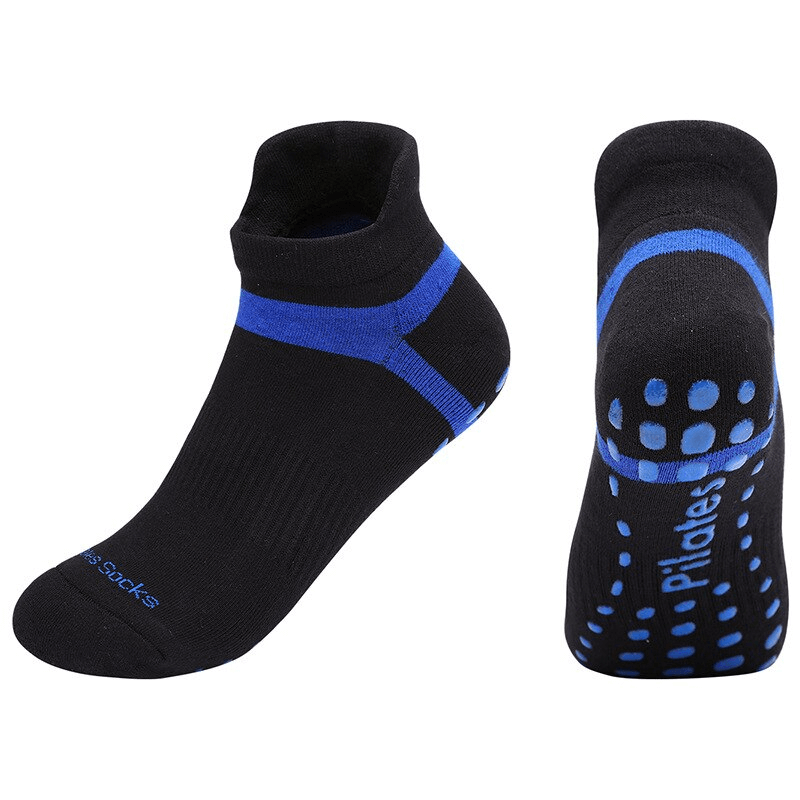 Black and blue cotton women's anti-slip compression socks for yoga and training.