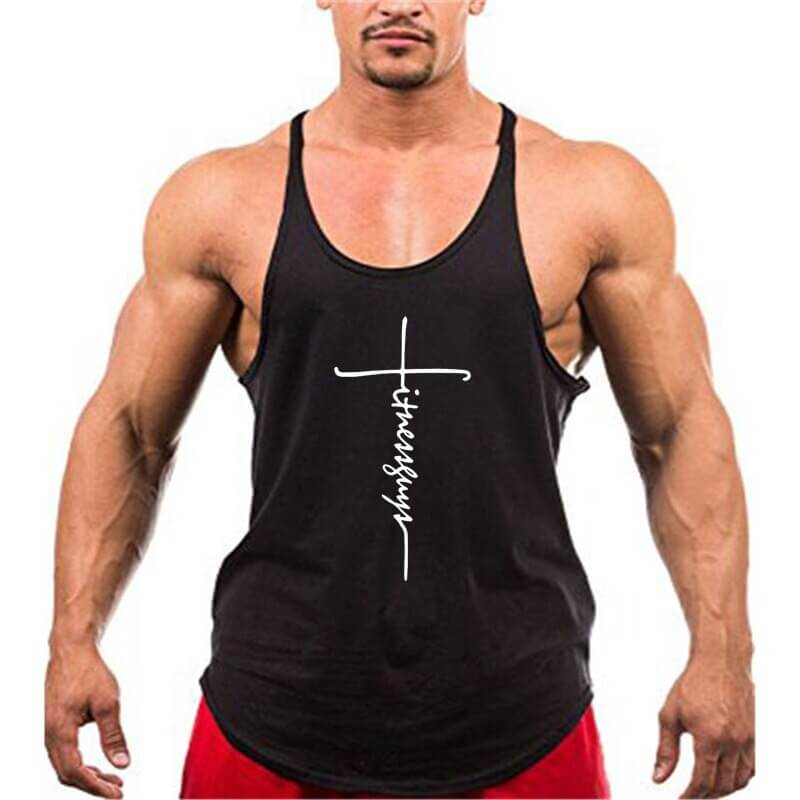 Black cotton workout tank top for men, featuring o-neck design, ideal for bodybuilding and multiple sports, shown on a muscular model.