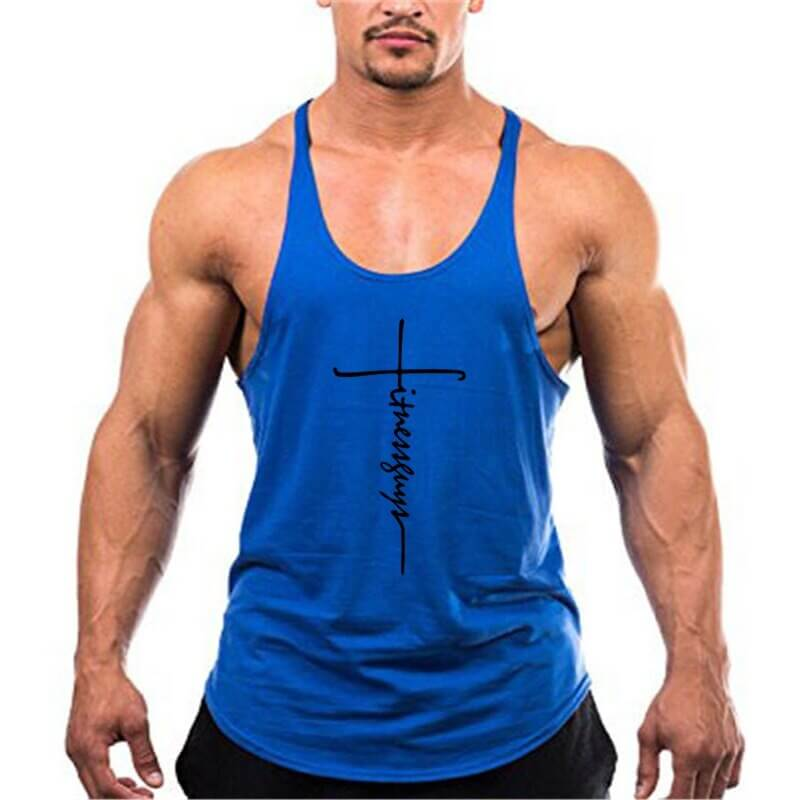 Blue cotton workout tank top for men, ideal for bodybuilding and sports. Durable and versatile gym attire in 100% cotton.