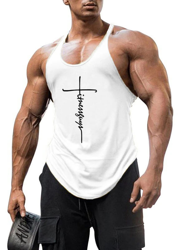 Man wearing white cotton workout tank top, perfect for bodybuilding, gym, and sports, showcasing stylish design and durability.