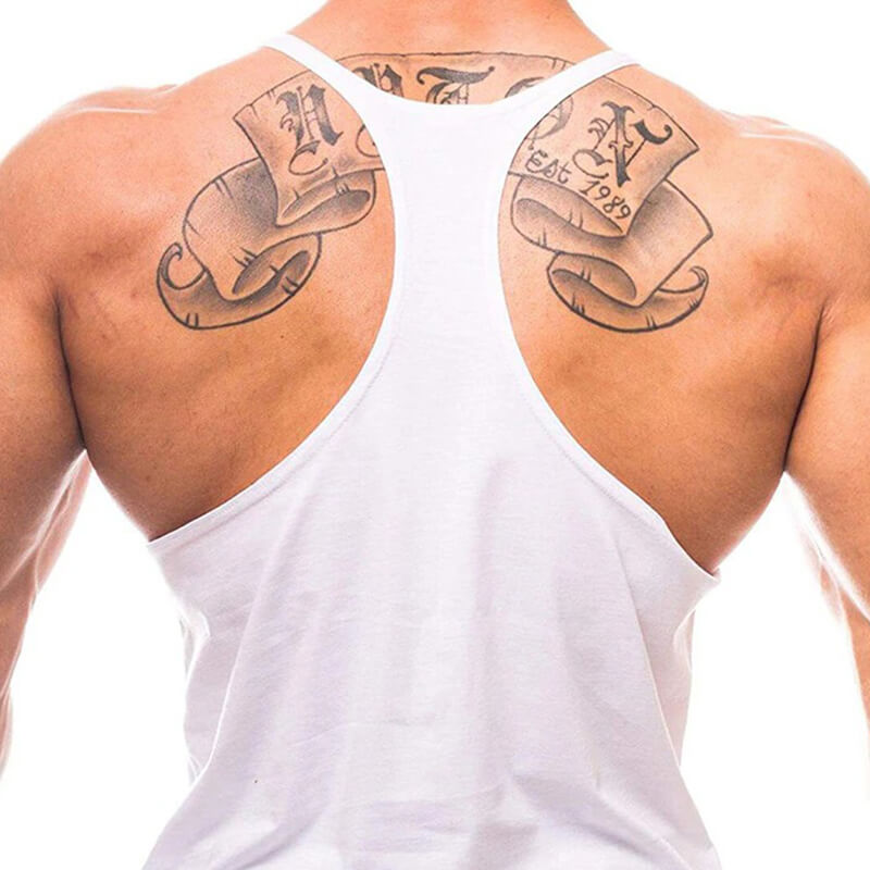 Back view of a man wearing a white cotton workout tank top showcasing shoulder tattoos, ideal for bodybuilding and gym sessions.