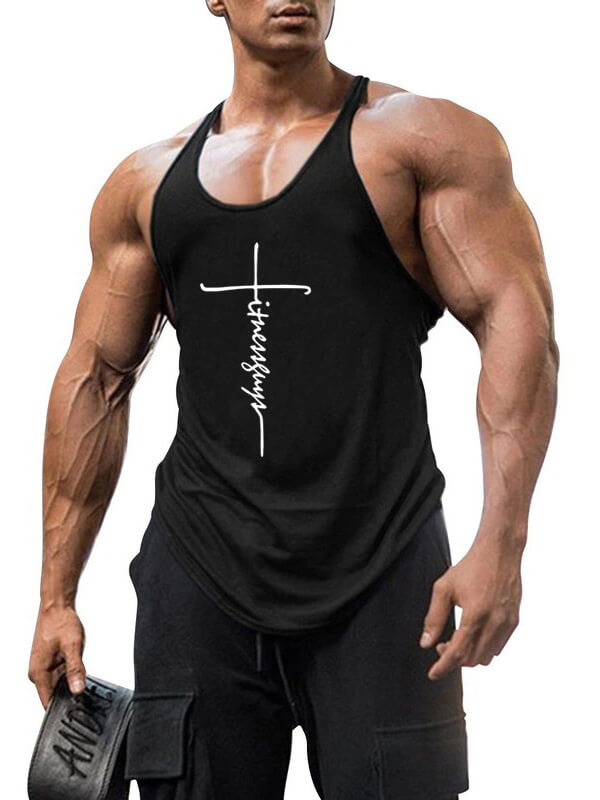 Black cotton workout tank top for men, ideal bodybuilding clothing SF0573, shown on model holding a weight, versatile sports gear.