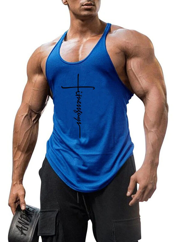 Blue cotton workout tank top for men, perfect bodybuilding clothing for gym, boxing, weight lifting, running, and sports.
