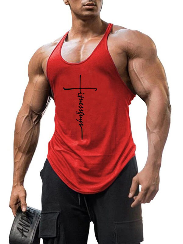 Red cotton workout tank top for men, perfect for bodybuilding and multiple sports activities. High-quality fabric, versatile design.
