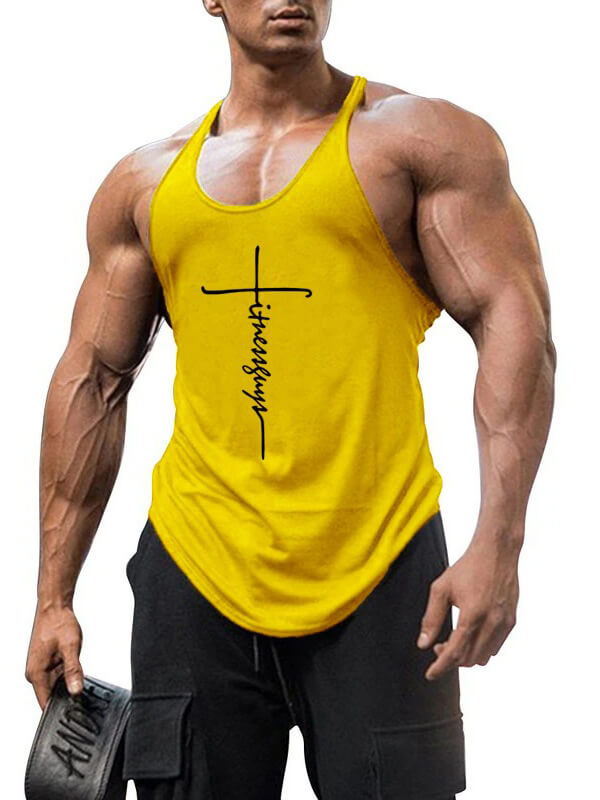 Yellow cotton workout tank top for men, perfect for bodybuilding, gym, and sports, featuring a stylish cross design.
